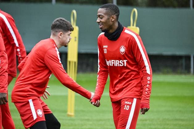 Antwerp s Michel Ange Balikwisha pictured during a training of Belgian soccer team Royal Antwerp FC, on Tuesday 24 October 2023 in Antwerp. The team is preparing for tomorrow s game against Portuguese club FC Porto, on day three of the Champions League group stage, in the group H. TOM GOYVAERTS TomxGoyvaerts  x78411879x
