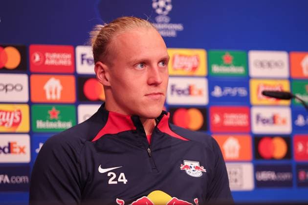 RB Leipzig PK Champions League Leipzig, 24.10.2023, RB Leipzig Fußball-Akademie, UEFA Champions League , RB Leipzig Pressekonferenz am Vortag von RBL v. Roter Stern Belgrad (Fudbalski klub Crvena zvezda) , Im Bild: Xaver Schlager (24, RB Leipzig) ,
