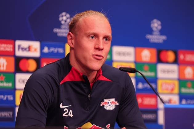 RB Leipzig PK Champions League Leipzig, 24.10.2023, RB Leipzig Fußball-Akademie, UEFA Champions League , RB Leipzig Pressekonferenz am Vortag von RBL v. Roter Stern Belgrad (Fudbalski klub Crvena zvezda) , Im Bild: Xaver Schlager (24, RB Leipzig) ,
