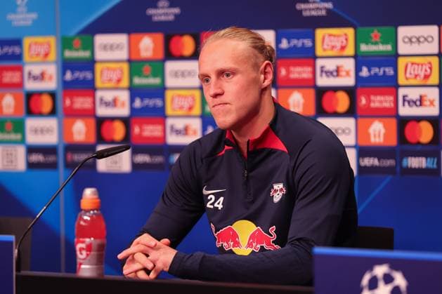 RB Leipzig PK Champions League Leipzig, 24.10.2023, RB Leipzig Fußball-Akademie, UEFA Champions League , RB Leipzig Pressekonferenz am Vortag von RBL v. Roter Stern Belgrad (Fudbalski klub Crvena zvezda) , Im Bild: Xaver Schlager (24, RB Leipzig) ,