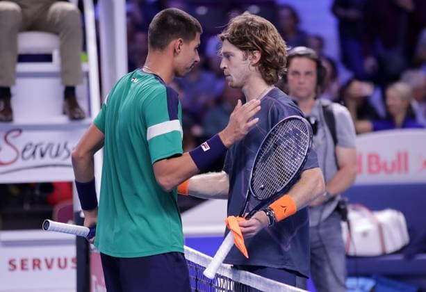 TENNIS - ATP, Tennis Herren Erste Bank Open VIENNA,AUSTRIA,24.OCT.23 - TENNIS - ATP World Tour, Erste Bank Open. Image shows Alexei Popyrin (AUS) and Andrey Rublev (RUS).  GEPAxpictures xWalterxLuger