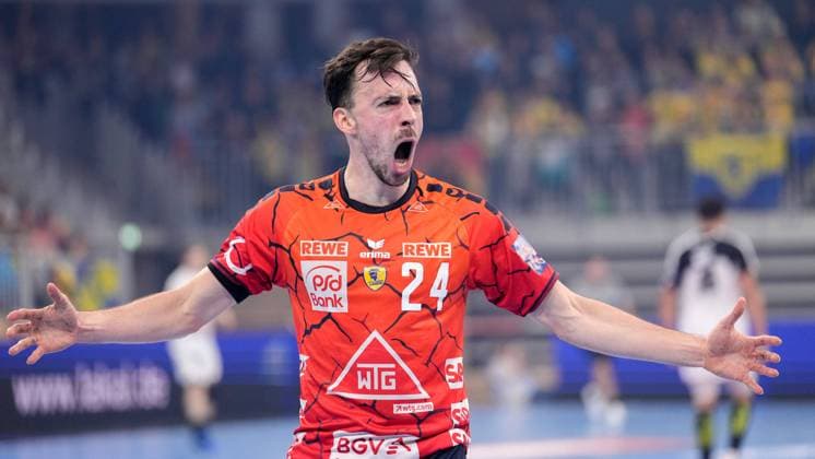 Torschütze Patrick Groetzki (RNL, 24), jubelt über ein Tor, Jubel, jubeln, Torjubel, Torerfolg, celebrate the goal, goal, celebration, Jubel ueber das Tor, optimistisch, Spielszene, Highlight, Einzelbild, Action, Aktion, Spieler der Rhein-Neckar-Löwen, 24.10.2023, Heidelberg (Deutschland), Handball, EHF European League, Rhein-Neckar Löwen - HBC Nantes