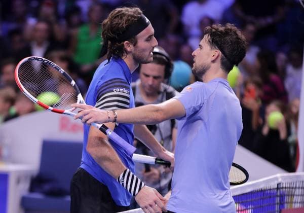 Sport Bilder des Tages TENNIS - ATP, Tennis Herren Erste Bank Open VIENNA,AUSTRIA,24.OCT.23 - TENNIS - ATP World Tour, Erste Bank Open. Image shows Stefanos Tsitsipas (GRE) and Dominic Thiem (AUT).  GEPAxpictures xWalterxLuger