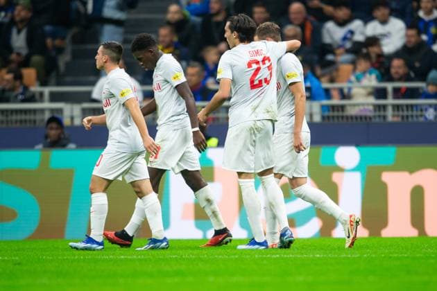 SOCCER - UEFA CL, Inter vs RBS MILAN,ITALY,24.OCT.23 - SOCCER - UEFA Champions League, group stage, FC Internazionale Milano vs Red Bull Salzburg. Image shows the rejoicing of RBS.  GEPAxpictures xGintarexKarpaviciute