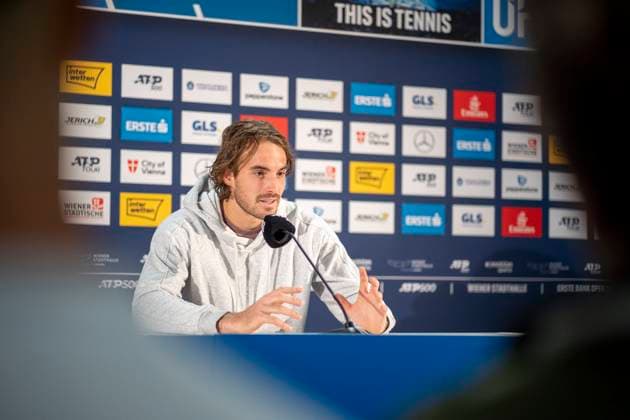 Wien, OÌˆsterreich. 24 Oktober 2023.Pressekonferenz mit Stefanos Tsitsipas (GRE) nach dem Spiel, Dominik Thiem (AUT) gegen Stefanos Tsitsipas (GRE). ATP, Tennis Herren World Tour, Erste Bank Open in der Wiener Stadthalle