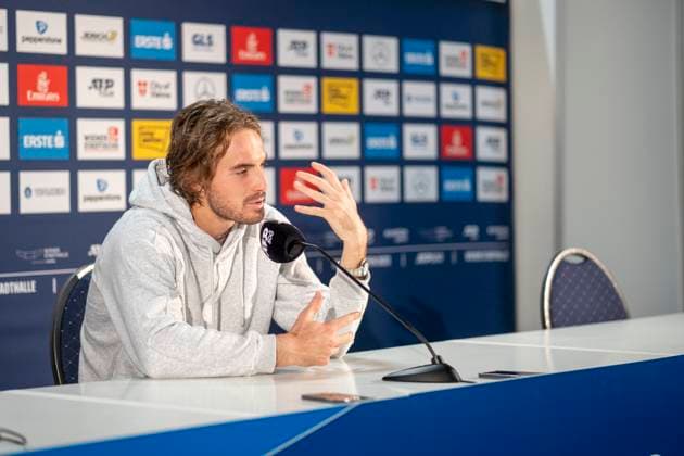 Wien, OÌˆsterreich. 24 Oktober 2023.Pressekonferenz mit Stefanos Tsitsipas (GRE) nach dem Spiel, Dominik Thiem (AUT) gegen Stefanos Tsitsipas (GRE). ATP, Tennis Herren World Tour, Erste Bank Open in der Wiener Stadthalle