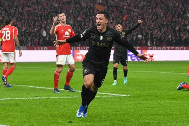 Fussball, Herren, Saison 2023 2024, UEFA Champions League (Gruppe C, 3. Spieltag), 1. FC Union Berlin - SSC Neapel, v. l. Giacomo Raspadori (SSC Neapel) Torjubel, jubelt nach dem Tor zum 0:1, 24.10. 2023, Copyright: xMatthiasxKochx
