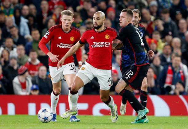 Manchester United, ManU v F.C. Copenhagen: Group A - UEFA Champions League 2023 24 Sofyan Amrabat of Manchester United and Lukas Lerager of FC Copenhagen challenge during the UEFA Champions League match between Manchester United and F.C. Copenhagen at Old Trafford on October 24, 2023 in Manchester, England. Manchester Old Trafford England United Kingdom Copyright: xRichardxSellers Sportsphoto APLx 13958413