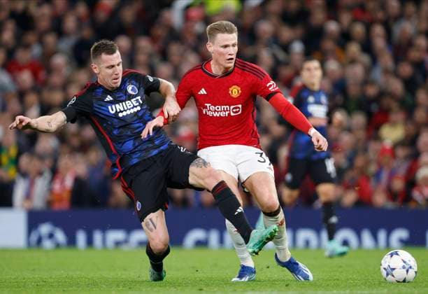Manchester United, ManU v F.C. Copenhagen: Group A - UEFA Champions League 2023 24 Lukas Lerager of FC Copenhagen and Scott McTominay of Manchester United challenge during the UEFA Champions League match between Manchester United and F.C. Copenhagen at Old Trafford on October 24, 2023 in Manchester, England. Manchester Old Trafford England United Kingdom Copyright: xRichardxSellers Sportsphoto APLx 13958416