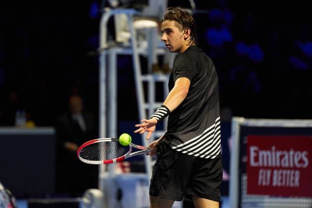 Alexander Shevchenko catches a ball before serving to Stan Wawrinka of Switzerland during their first round match on day four of Swiss Indoors at St. Jakobshalle on October 24, 2023 in Basel, Switzerland (Photo by Camilla Stolen Imago) Basel Switzerland Copyright: xCamillaxStolenx L1510388