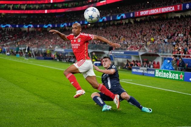 October 24, 2023, Lisbon, Portugal: Joao Mario from SL Benfica (L) and Ander Barrenetxea from Real Sociedad F (R) seen in action during the UEFA Champions League group D football match between SL Benfica and Real Sociedad F at Estadio da Luz. .Final Score: SL Benfica 0:1 Real Sociedad F Lisbon Portugal - ZUMAs197 20231024_aaa_s197_184 Copyright: xBrunoxdexCarvalhox