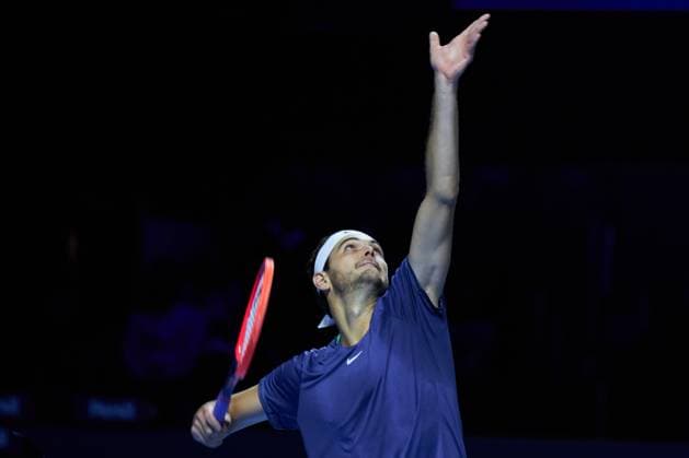 Taylor Fritz of The United States serves to Max Purcell of Australia during their second round match on day five of the Swiss Indoors at St. Jakobshalle on October 25, 2023 in Basel, Switzerland (Photo by Camilla Stolen Imago) Basel Switzerland Copyright: xCamillaxStolenx L1520315