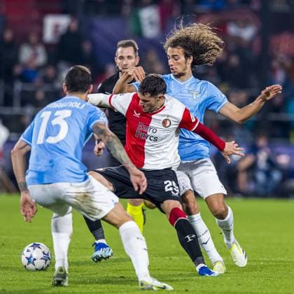 ROTTERDAM - (l-r) Alessio Ramagnoli of SS Lazio,Santiago Gimenez of Feyenoord, Matteo Guendouzi of SS Lazio during the UEFA Champions League group E match between Feyenoord and SS Lazio at Feyenoord Stadion de Kuip on October 25, 2023 in Rotterdam, Netherlands. ANP Hollandse Hoogte COR LASKER UEFA Champions League 2023 24 2023 2024 xVIxANPxSportx xCorxLaskerxIVx 482107409 originalFilename: 482107409.jpg