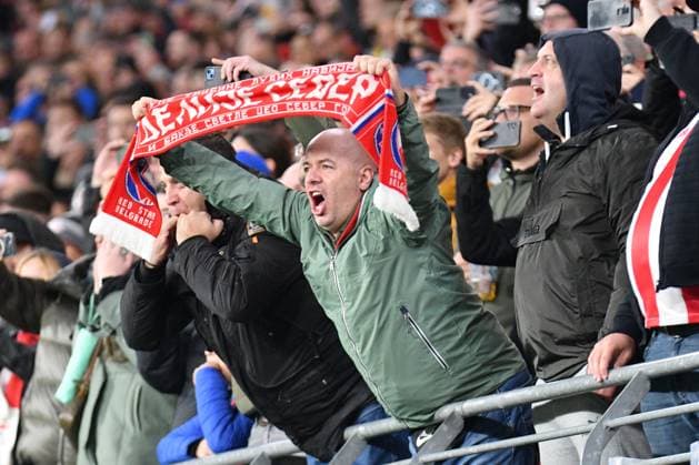 Fans von FK Roter Stern Belgrad im Leipziger Fan Block. RB Leipzig vs. FK Roter Stern Belgrad, Fussball, Champions League, Vorrunde, 3. Spieltag, Saison 2023 2024, 25.10.2023 DFB DFL REGULATIONS PROHIBIT ANY USE OF PHOTOGRAPHS AS IMAGE SEQUENCES AND OR QUASI-VIDEO RB Leipzig vs. FK Roter Stern Belgrad, Fussball, Champions League, Vorrunde, 3. Spieltag, Saison 2023 2024, 25.10.2023 Leipzig Copyright: xEibner-Pressefoto BertxHarzerx EP_BHR