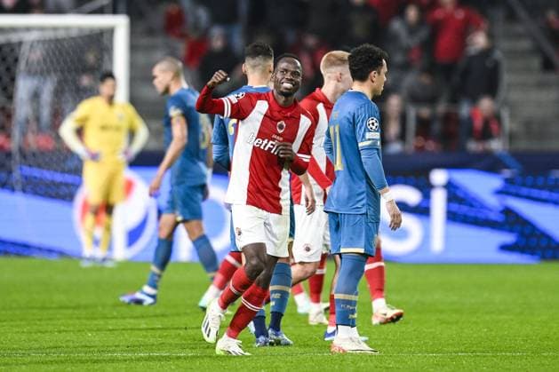 Antwerp s Alhassan Yusuf Abdullahi celebrates after scoring during a soccer game between Belgian Royal Antwerp FC and Portuguese FC Porto, Wednesday 25 October 2023 in Antwerp, on day three of the Champions League group stage, in the group H. TOM GOYVAERTS TomxGoyvaerts  x78524863x