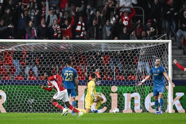 Antwerp s Alhassan Yusuf Abdullahi celebrates after scoring during a soccer game between Belgian Royal Antwerp FC and Portuguese FC Porto, Wednesday 25 October 2023 in Antwerp, on day three of the Champions League group stage, in the group H. TOM GOYVAERTS TomxGoyvaerts  x78525134x