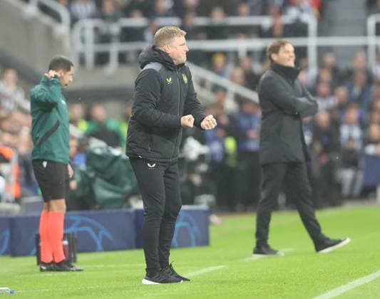 Newcastle Upon Tyne, England, 25th October 2023. Eddie Howe manager of Newcastle United during the UEFA Champions League match at St. James Park, Newcastle Upon Tyne. Picture credit should read: Nigel Roddis Sportimage EDITORIAL USE ONLY. No use with unauthorised audio, video, data, fixture lists, club league logos or live services. Online in-match use limited to 120 images, no video emulation. No use in betting, games or single club league player publications. SPI-2675-0010