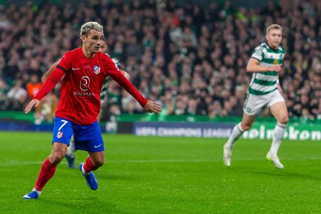 Celtic v Atletico Madrid Champions League 25 10 2023. GOAL! 1-1 Antoine Griezmann of Atlético de Madrid has his penalty saved but tucks away the rebound during the UEFA Champions League match between Celtic and Atletico Madrid at the City Stadium, Glasgow, Scotland on 25 October 2023. Glasgow Celtic Park Lanarkshire Scotland Editorial use only , Copyright: xColinxPoultneyx PSI-18278-0030