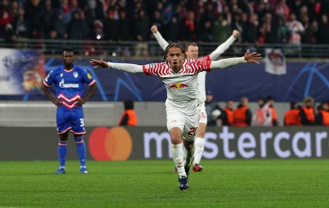 25.10.2023, Fussball UEFA Champions League 2023 2024, Gruppe G, 3.Spieltag, RB Leipzig - FK Roter Stern Belgrad, in der Red Bull Arena Leipzig. Jubel Torschütze Xavi Simons (RB Leipzig) zum Tor zum 2:0
