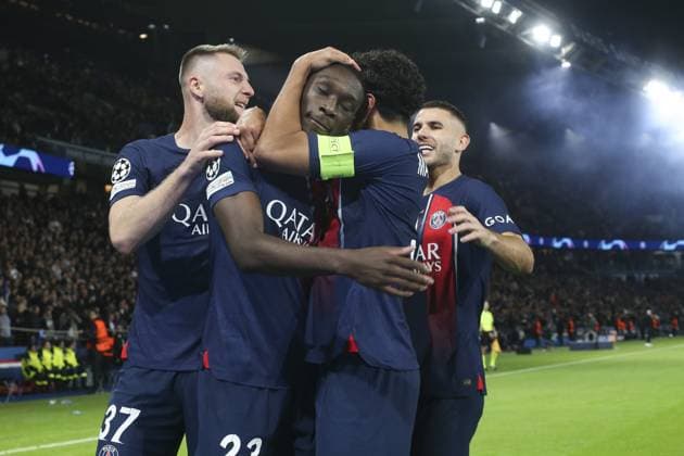 Joie - But de Randal Kolo Muani (PSG) - Milan Skriniar (PSG) - Marquinhos (PSG) - Lucas Hernandez (PSG) FOOTBALL : Paris Saint Germain Vs Milan AC - Ligue des Champions - 25 10 2023 MichaelBaucher Panoramic 