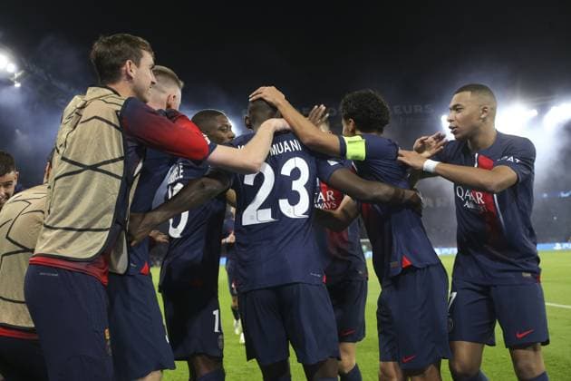 Joie - But de Randal Kolo Muani (PSG) - Milan Skriniar (PSG) - Marquinhos (PSG) - Ousmane Dembele (PSG) - Kylian Mbappe (PSG) FOOTBALL : Paris Saint Germain Vs Milan AC - Ligue des Champions - 25 10 2023 MichaelBaucher Panoramic 