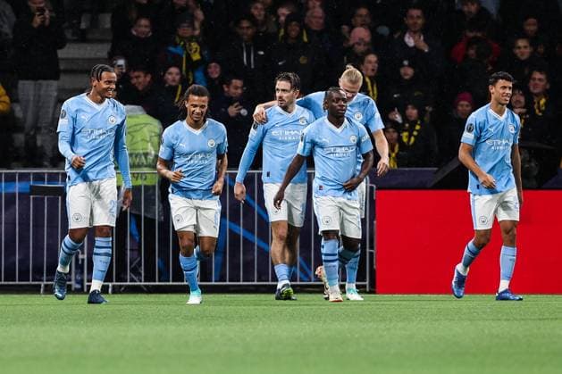 BERN, SWITZERLAND - OCTOBER 25: Manuel Akanji of Man City (L) celebrates his goal with team during the UEFA Champions League Group Stage match between BSC Young Boys and Manchester City at Stadion Wankdorf on October 25, 2023 in Bern, Switzerland. Bern Stadion Wankdorf Bern Switzerland Copyright: xJustPictures.ch LuigixRizzox jp-en-EuSpIm-AN0I7700 20230921