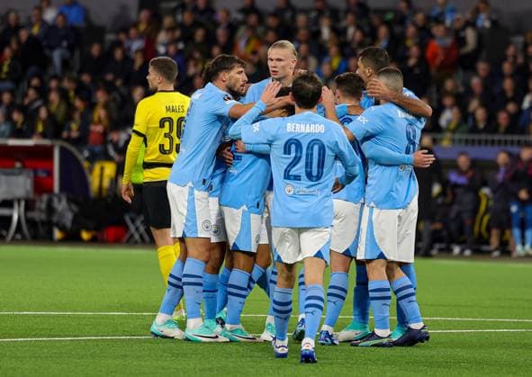 BSC Young Boys v Manchester City Champions League 25 10 2023. Goal 1-3 Erling Haaland (9) of Manchester City scores a goal and celebrates during the Champions League match between BSC Young Boys and Manchester City at Stade de Suisse, Wankdorf, Switzerland on 25 October 2023. Editorial use only , Copyright: xNigelxKeenex PSI-18264-0029