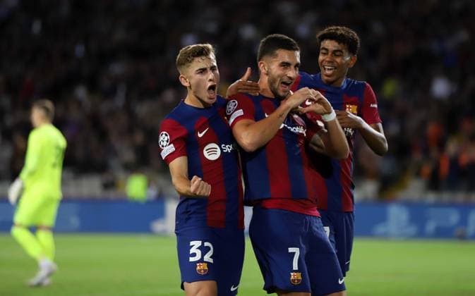 October 25, 2023, Sabadell, Barcelona, Spain: Barcelona Spain 25.10.2023 Ferran Torres FC Barcelona, Barca , Fermin Lopez (FC Barcelona) and Lamine Yamal (FC Barcelona) celebrates after scoring his team s first goal during the UEFA Champions League between FC Barcelona and FC Shakhtar Donetsk at Estadi Olimpic Lluis Companys on 25 October 2023 in Barcelona. Sabadell Spain - ZUMAu50_ 20231025_zsp_u50_049 Copyright: xXavixUrgelesx