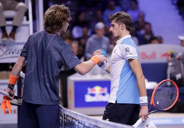 TENNIS - ATP, Tennis Herren Erste Bank Open VIENNA,AUSTRIA,26.OCT.23 - TENNIS - ATP World Tour, Erste Bank Open. Image shows Andrey Rublev (RUS) and Matteo Arnaldi (ITA).  GEPAxpictures xWalterxLuger