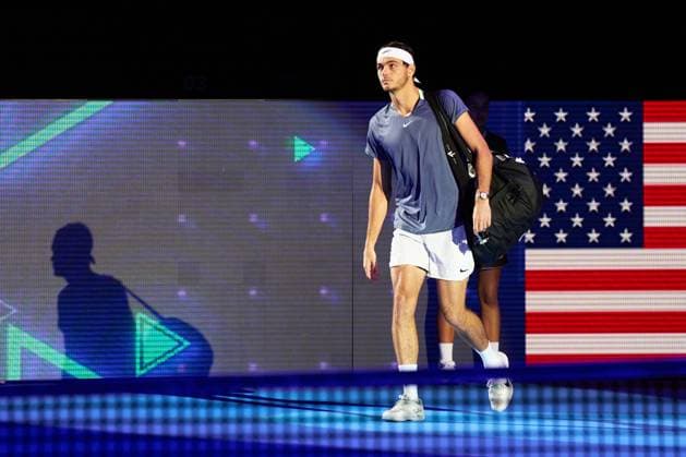 Taylor Fritz of the United States enters the court to play against Alexander Shevchenko during their match on day six of the Swiss Indoors at St. Jakobshalle on October 26, 2023 in Basel, Switzerland (Photo by Camilla Stolen Imago) Basel Switzerland Copyright: xCamillaxStolenx L1540519