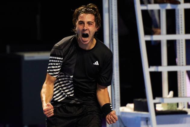 Alexander Shevchenko celebrates winning the match against Taylor Fritz of the United States on day six of the Swiss Indoors at St. Jakobshalle on October 26, 2023 in Basel, Switzerland (Photo by Camilla Stolen Imago) Basel Switzerland Copyright: xCamillaxStolenx L1550350
