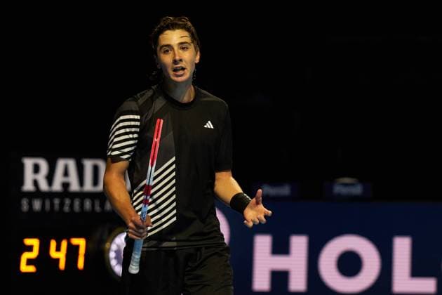 Alexander Shevchenko reacts to a point against Taylor Fritz of the United States during their match on day six of the Swiss Indoors at St. Jakobshalle on October 26, 2023 in Basel, Switzerland (Photo by Camilla Stolen Imago) Basel Switzerland Copyright: xCamillaxStolenx L1550309