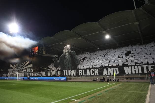 SOCCER - UEFA EL, Sturm vs Atalanta GRAZ,AUSTRIA,26.OCT.23 - SOCCER - UEFA Europa League, SK Sturm Graz vs Atalanta Bergamo Calcio. Image shows choreography of fans (Sturm).  GEPAxpictures xChrisxBauer
