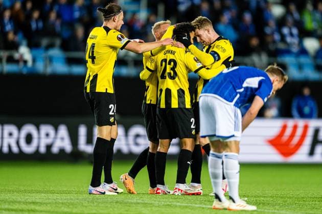 231026 Momodou Lamin Sonko of Häcken celebrates after scoring the 1-1 goal during the UEFA Europa League football match between Molde and Häcken on October 26, 2023 in Molde. Photo: Marius Simensen BILDBYRAN Cop 238 bbeng football fotball fotboll häcken jubel molde uefa uefa europa league Copyright: MARIUSxSIMENSEN BB231026BB540