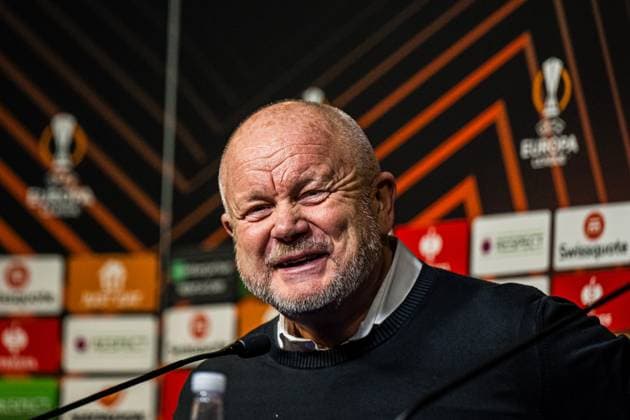 231026 Per-Mathias Hogmo, head coach of Häcken, during a press conference, PK, Pressekonferenz after the UEFA Europa League football match between Molde and Häcken on October 26, 2023 in Molde. Photo: Marius Simensen BILDBYRAN Cop 238 bbeng football fotball fotboll häcken molde uefa uefa europa league Copyright: MARIUSxSIMENSEN BB231026ZS010