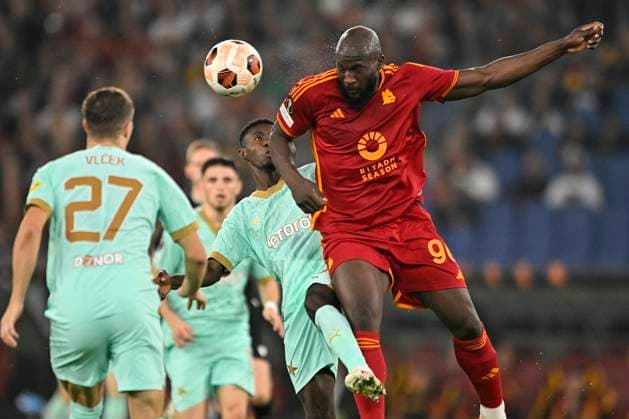 Tomas Vlcekof, Igoh Ogbu of Slavia Prague and Romelu Lukaku of AS Roma compete for the ball during the Europa League Group G football match between AS Roma and SK Slavia Prague at Olimpico stadium in Rome (Italy), October 26th, 2023. andreaxstaccioli