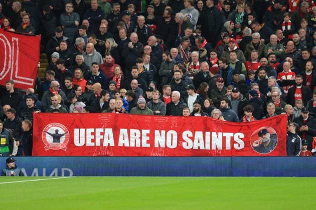 Liverpool v Toulouse 26 October 2023, Liverpool - UEFA Europa League football - Group E - Liverpool v Toulouse. Liverpool fans hold up a sign in protest of UEFA (photo by Daniel Chesterton) Liverpool UK Copyright: xDanielxChestertonxOffside