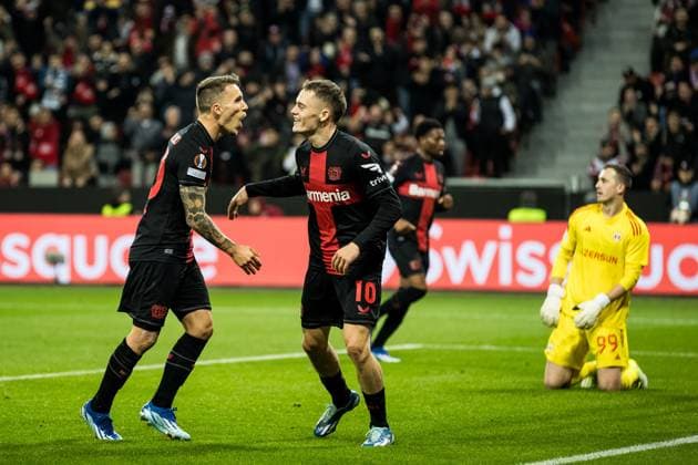 UEFA Europa League, Bayer 04 Leverkusen - Qarabag Agdam; 26.10.2023 Jubel zum 2:1 durch Alejandro Grimaldo (Bayer 04 Leverkusen, 20) UEFA Europa League, Bayer 04 Leverkusen - Qarabag Agdam, BayArena Leverkusen am 26.10.2023 Copyright: xBEAUTIFULxSPORTS Wunderlx