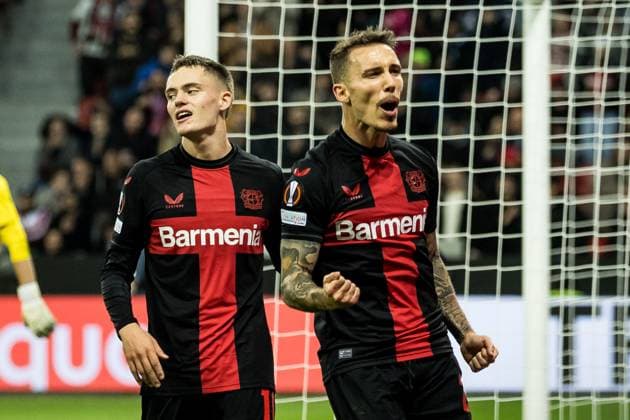 UEFA Europa League, Bayer 04 Leverkusen - Qarabag Agdam; 26.10.2023 Jubel zum 2:1 durch Alejandro Grimaldo (Bayer 04 Leverkusen, 20) UEFA Europa League, Bayer 04 Leverkusen - Qarabag Agdam, BayArena Leverkusen am 26.10.2023 Copyright: xBEAUTIFULxSPORTS Wunderlx