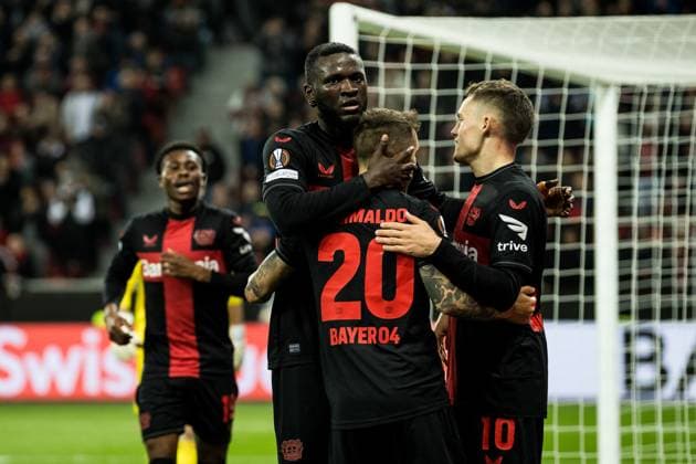 UEFA Europa League, Bayer 04 Leverkusen - Qarabag Agdam; 26.10.2023 Jubel zum 2:1 durch Alejandro Grimaldo (Bayer 04 Leverkusen, 20) UEFA Europa League, Bayer 04 Leverkusen - Qarabag Agdam, BayArena Leverkusen am 26.10.2023 Copyright: xBEAUTIFULxSPORTS Wunderlx