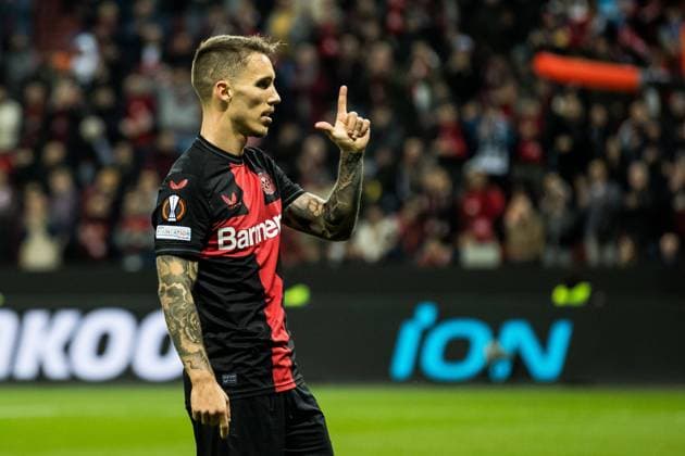 Sport Bilder des Tages UEFA Europa League, Bayer 04 Leverkusen - Qarabag Agdam; 26.10.2023 Jubel zum 2:1 durch Alejandro Grimaldo (Bayer 04 Leverkusen, 20) UEFA Europa League, Bayer 04 Leverkusen - Qarabag Agdam, BayArena Leverkusen am 26.10.2023 Copyright: xBEAUTIFULxSPORTS Wunderlx