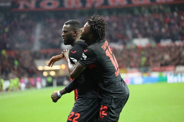 GER, UEFA EL Bayer 04 Leverkusen (GER) vs. Qarabag Agdam (AZE) 26.10.2023, BayArena, Leverkusen, Europalegue, Gruppenhase, 3. Spieltag, GER, UEFA EL Bayer 04 Leverkusen (GER) vs. Qarabag Agdam (AZE), im Bild: 3:1 durch Victor Boniface (Leverkusen 22), Torjubel Jubel Jubellauf, Nathan Tella (Leverkusen 19), Edmond Tapsobsa (Leverkusen 12),