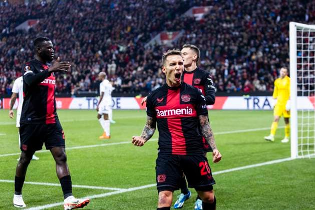 Leverkusen, Bayarena, 26.10.23: Alejandro Grimaldo of Leverkusen celebrates scoring the 2:1 goal during the Europa League match Bayer 04 Leverkusen vs. Qarabag Agdam.