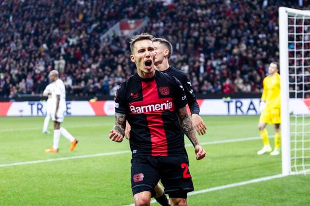 Leverkusen, Bayarena, 26.10.23: Alejandro Grimaldo of Leverkusen celebrates scoring the 2:1 goal during the Europa League match Bayer 04 Leverkusen vs. Qarabag Agdam.