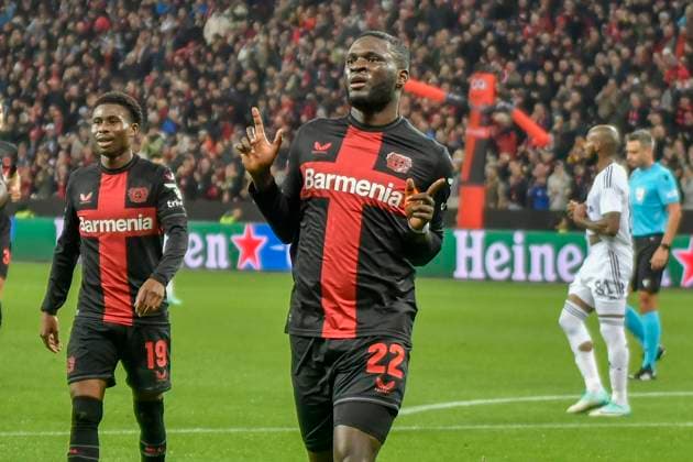 Victor Boniface ( 22, Bayer Leverkusen) jubelt nach dem Tor zum 3:1 26.10.2023 Fussball Europa League, Bayer 04 Leverkusen vs Qarabag Agdam , BayArena, Leverkusen, NRW Germany
