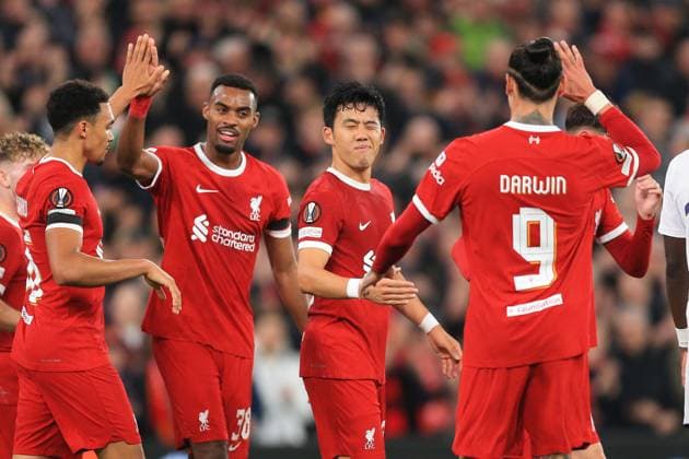 Liverpool v Toulouse 26 October 2023, Liverpool - UEFA Europa League football - Group E - Liverpool v Toulouse. Wataru Endo of Liverpool celebrates their second goal (photo by Daniel Chesterton) Liverpool UK Copyright: xDanielxChestertonxOffside