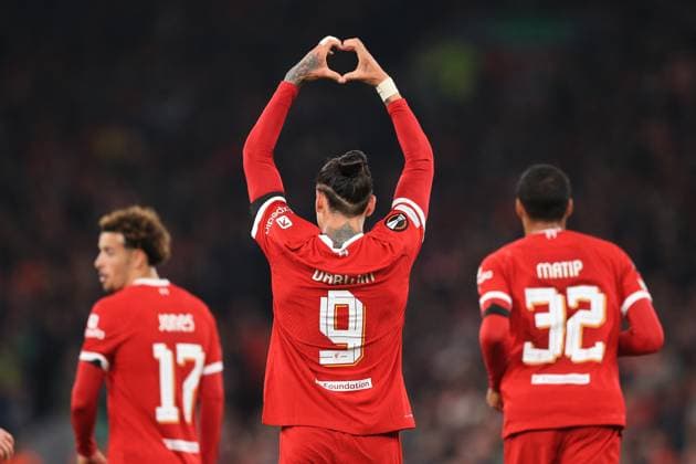 Liverpool v Toulouse 26 October 2023, Liverpool - UEFA Europa League football - Group E - Liverpool v Toulouse. Darwin Nunez of Liverpool celebrates their third goal (photo by Daniel Chesterton) Liverpool UK Copyright: xDanielxChestertonxOffside