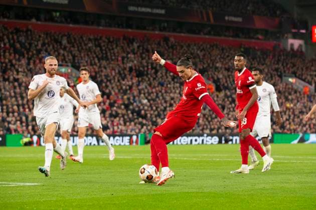Liverpool v Toulouse 26 October 2023, Liverpool - UEFA Europa League football - Group E - Liverpool v Toulouse. Darwin Nunez of Liverpool scores their third goal (photo by Daniel Chesterton) Liverpool UK Copyright: xDanielxChestertonxOffside