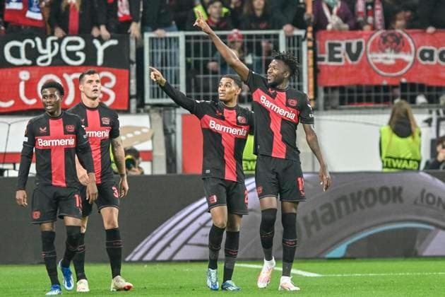 Edmond Tapsoba ( 12, Bayer Leverkusen) jubelt nach dem Tor zum 5:1 26.10.2023 Fussball Europa League, Bayer 04 Leverkusen vs Qarabag Agdam , BayArena, Leverkusen, NRW Germany