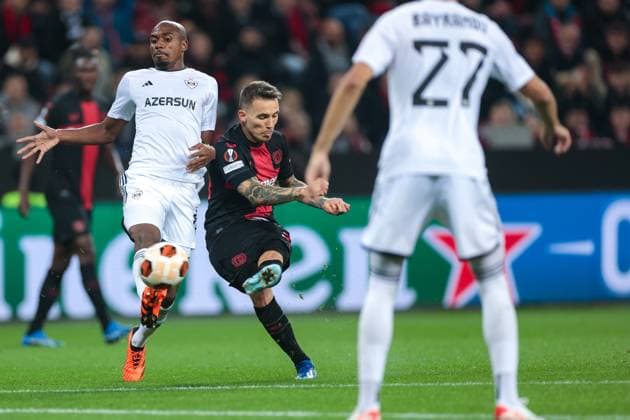 26.10.2023, Fussball, Saison 2023 2024, UEFA Europa League, Gruppenphase, 3. Spieltag, Bayer 04 Leverkusen - Qarabag Agdam, Alejandro Grimaldo (Bayer 04 Leverkusen) trifft zum 4:1, Leverkusen BayArena NRW Deutschland xRHR-FOTO DEx Copyright: DennisxEwert RHR-FOTOx RHR-FOTO DE